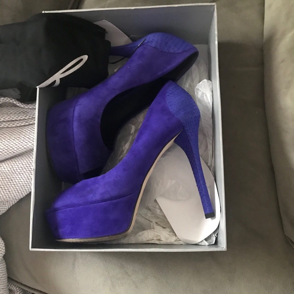B Brian Atwood Suede Purple Open Toe Pumps